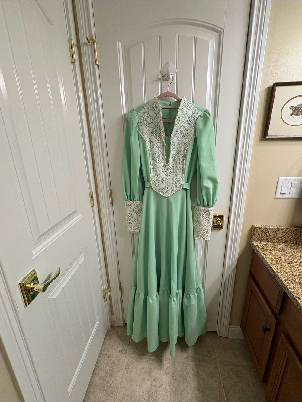 Vintage 60’s 70’s Green Sash Waist Long Sleeve maxi dress S hippie Fit Flare